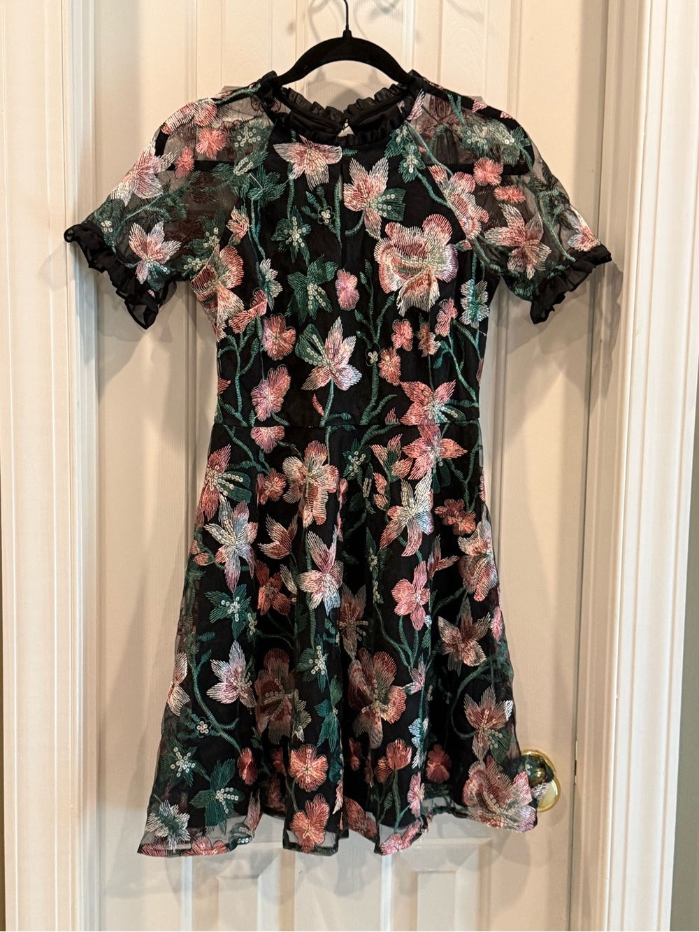 Kensie Black Mini Dress with Pink & Green Floral Embroidery
